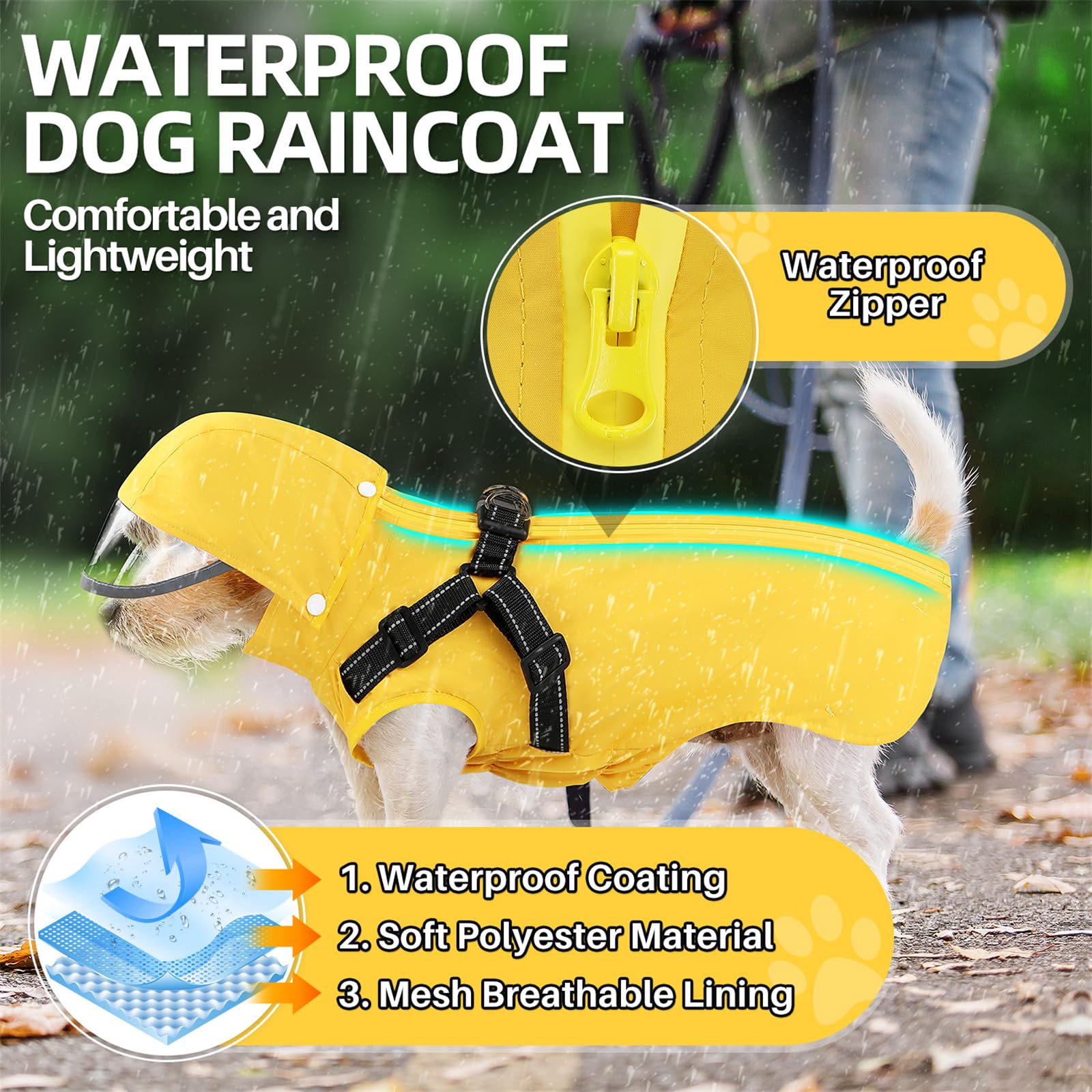 Slowton Dog Raincoat Waterproof - Dog Rain Jacket With Harness And Hood Lightweight, Reflective Dogs Rain Coat For Large Medium